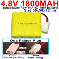 4.8V NiMH Battery Pack-1800mah 4.8 Volt NiMH Battery 1800MAH,With Oda Palace Plug(Round hole-Red Wire)-(Shape-One Row with 4X Inner battery)-Size-56x50x15mm,4.8 Volt NiMH Battery