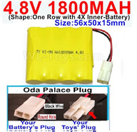 4.8V NiMH Battery Pack-1800mah 4.8 Volt NiMH Battery 1800MAH,With Oda Palace Plug(Round hole-Black Wire)-(Shape-One Row with 4X Inner battery)-Size-56x50x15mm,4.8 Volt NiMH Battery