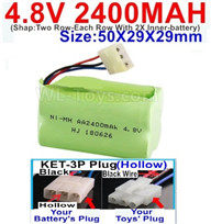 4.8V NiMH Battery Pack-2400mah 4.8 Volt NiMH Battery 2400MAH,With KET-3P Plug(Hollow)-(2X Suare Hole+1X D-Shape Hole,The Middle hole is Black wire)-(Shap-Two Row-Each Row With 2X Inner-battery)-Size-50X29X29mm,4.8V NiMH Battery Pack-2400mah 4.8 Volt NiMH