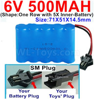 6V RC Battery 500mah 6 Volt 500mah Ni-Cd Battery AA-With SM Plug,6V 500mah Rechargeable RC Battery Pack,(Shape-One Row With 5 Inner-Battery)-Size-70x50x15mm