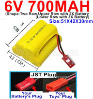 6V RC Battery 700mah 6 Volt 700mah Ni-MH Battery) AA-With JST Plug,6V 500mah Rechargeable RC Battery Pack,(Shape-Upper Row with 2x Inner-Batery,Lower Row with 3x Inner-Battery)-Size-51X42X30mm