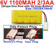 6V RC Battery 6 Volt 1100mah Ni-Cd Battery 2/3AA-With Oda Palace Plug(Round hole-Red Wire),6V 1100mah Rechargeable RC Battery Pack,(Shape-One Row with 5X Inner-Battery)-Size-70X28X14mm