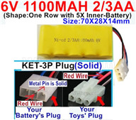 6V RC Battery 6 Volt 1100mah Ni-Cd Battery 2/3AA-WithKET-3P Plug(Solid)-(2X Suare Hole+1X D-Shape Hole,The Middle hole is Red wire,6V 1100mah Rechargeable RC Battery Pack,(Shape-One Row with 5X Inner-Battery)-Size-70X28X14mm