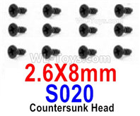 HBX 12895 Countersunk Head Screws, The size is 2.6x8mm, Countersunk Head Self Tapping Screws. Total 12pcs. The replace accessories number is S020
