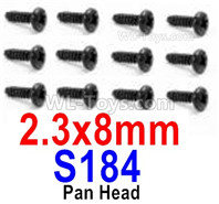 HBX 12895 Round Head Screws, The size is 2.3x8mm, Round Head Self Tapping Screws. Total 12pcs. The replace accessories number is S184