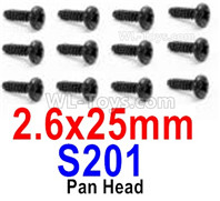 HBX 12895 Round Head Screws, The size is 2.6x25mm, Round Head Self Tapping Screws. Total 12pcs. The replace accessories number is S201