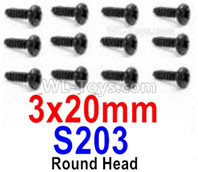 HBX 12895 Round Head Screws, The size is 3x20mm, Round Head Self Tapping Screws. Total 12pcs. S203