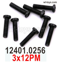 Wltoys 104019 Screws Parts 12401.0256 3x12PM Phillips round head machine screws.Wltoys 104019 1/10 Parts, Wltoys 104019 RC Car Accessories.
