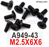 Wltoys 104019 Screws Parts A949-43 M2.5X6X6 Phillips pan head machine screw with media.Wltoys 104019 1/10 Parts, Wltoys 104019 RC Car Accessories.