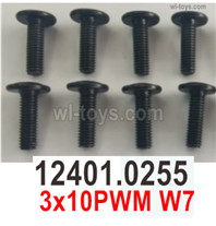 Wltoys 104072 Screws Parts Phillips pan head with intermediary machine screws-12401.0255-3x10PWM W7.Total 8pcs.Wltoys 104072 1/10 Parts, Wltoys 104072 RC Car Accessories.