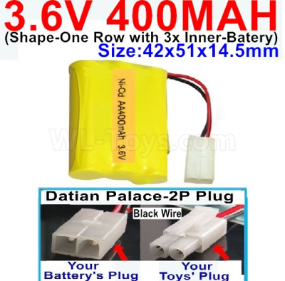 3.6V 400MAH Battery-With Datian Palace-2P Plug(The D-Shape hole is Black wire)-(Shape-M-Shape,One Row with 3 Inner-Battery)-Size-42x51x14.5mm,3.6V NI-CD NI-MH 400MAH Battery be suit for RC Truck,RC Car,RC Boat,RC Robot,rc tank,rc Quadcoter,Drone,RC Helicopter,etc.