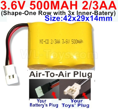 3.6V 500MAH Battery(2/3AA)-With Air-to-Air Plug-(ShapeH-Shape, One Row,left and Right Each with 2 Inner-Battery)-Size-42x29x14mm,3.6V NI-CD NI-MH 500MAH Battery be suit for RC Truck,RC Car,RC Boat,RC Robot,rc tank,rc Quadcoter,Drone,RC Helicopter,etc.