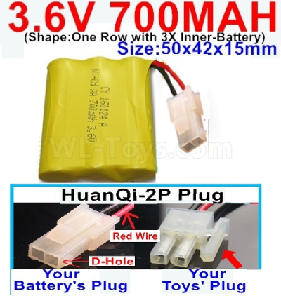 3.6V 700MAH Battery-With HuanQi-2P plug(1X Square hole+ 1X D-Shape Hole.The D-Shape Hole is Red Wire)-(Shape-One Row with 3X Inner-Battery)-Size-50x42x15mm,3.6V NI-CD NI-MH 700MAH Battery be suit for RC Truck,RC Car,RC Boat,RC Robot,rc tank,rc Quadcoter,Drone,RC Helicopter,etc.