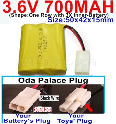 3.6V 700MAH Battery-With Oda Palace Plug(Round hole-Black Wire)-(Shape-One Row with 3X Inner-Battery)-Size-50x42x15mm,3.6V NI-CD NI-MH 700MAH Battery be suit for RC Truck,RC Car,RC Boat,RC Robot,rc tank,rc Quadcoter,Drone,RC Helicopter,etc.