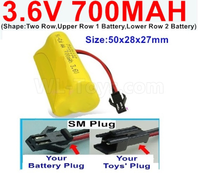 3.6V 700MAH Battery-With SM Plug-(Shape-Two Row,Upper Row 1 Battery,Lower Row 2 Battery)-Size-50x28x27mm,3.6V NI-CD NI-MH 700MAH Battery be suit for RC Truck,RC Car,RC Boat,RC Robot,rc tank,rc Quadcoter,Drone,RC Helicopter,etc.