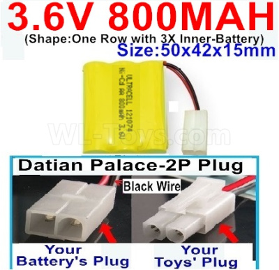3.6V 800MAH Battery-With Datian Palace-2P Plug(The D-Shape hole is Black wire)-(Shape-One Row with 3X Inner-Battery)-Size-50x42x15mm,3.6V NI-CD NI-MH 800MAH Battery be suit for RC Truck,RC Car,RC Boat,RC Robot,rc tank,rc Quadcoter,Drone,RC Helicopter,etc.