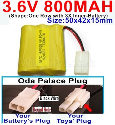 3.6V 800MAH Battery-With Oda Palace Plug(Round hole-Black Wire)-(Shape-One Row with 3X Inner-Battery)-Size-50x42x15mm,3.6V NI-CD NI-MH 800MAH Battery be suit for RC Truck,RC Car,RC Boat,RC Robot,rc tank,rc Quadcoter,Drone,RC Helicopter,etc.