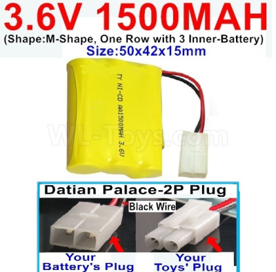 3.6V 1500MAH Battery-With Datian Palace-2P Plug(The D-Shape hole is Black wire)-(Shape-M-Shape,One Row with 3 Inner-Battery)-Size-50x42x15mm,3.6V NI-CD NI-MH 1500MAH Battery be suit for RC Truck,RC Car,RC Boat,RC Robot,rc tank,rc Quadcoter,Drone,RC Helicopter,etc.