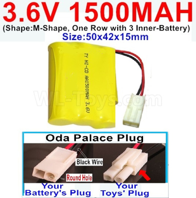 3.6V 1500MAH Battery-With Oda Palace Plug(Round hole-Black Wire)-(Shape-M-Shape,One Row with 3 Inner-Battery)-Size-50x42x15mm,3.6V NI-CD NI-MH 1500MAH Battery be suit for RC Truck,RC Car,RC Boat,RC Robot,rc tank,rc Quadcoter,Drone,RC Helicopter,etc.