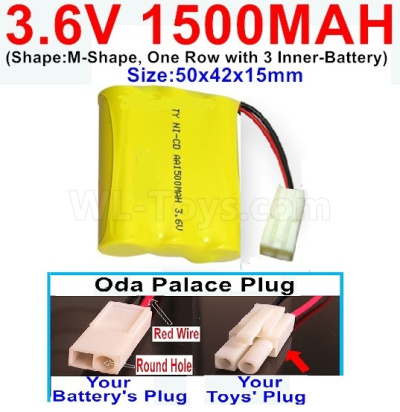 3.6V 1500MAH Battery-With Oda Palace Plug(Round hole-Red Wire)-(Shape-M-Shape,One Row with 3 Inner-Battery)-Size-50x42x15mm,3.6V NI-CD NI-MH 1500MAH Battery be suit for RC Truck,RC Car,RC Boat,RC Robot,rc tank,rc Quadcoter,Drone,RC Helicopter,etc.