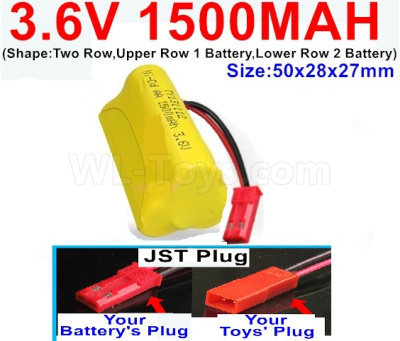 3.6V 1500MAH Battery-With JST Plug-(Shape-Two Row,Upper Row 1 Battery,Lower Row 2 Battery)-Size-50x28x27mm,3.6V NI-CD NI-MH 1500MAH Battery be suit for RC Truck,RC Car,RC Boat,RC Robot,rc tank,rc Quadcoter,Drone,RC Helicopter,etc.