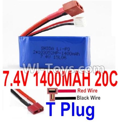 7.4V Battery-7.4v 1400mah 20C Lipo Battery with T Plug-103052(Horizontal shaft-Red Wire,Verticall shaft-Black wire),Size:58X30X18mm,Weight:-g,Be suit for Wltoys A959-B A969-B A979-B K929-B RC Car,RC Quadcopter,Helicopter,Boat,etc.