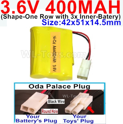 400mah 3.6V NiCd Battery Pack-3.6 Volt 400mah Ni-CD Rechargeable Battery-With Oda Palace Plug(Round hole-Black Wire)-(Shape-M-Shape,One Row with 3 Inner-Battery)-Size-42x51x14.5mm