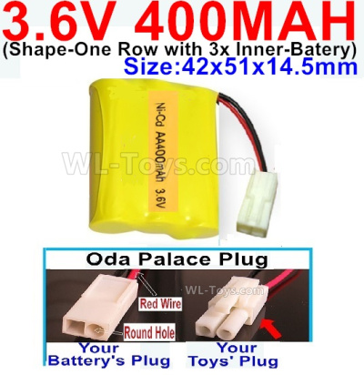 400mah 3.6V NiCd Battery Pack-3.6 Volt 400mah Ni-CD Rechargeable Battery-With Oda Palace Plug(Round hole-Red Wire)-(Shape-M-Shape,One Row with 3 Inner-Battery)-Size-42x51x14.5mm