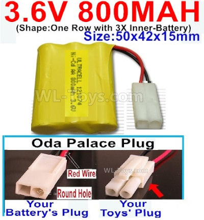800mah 3.6V NiCd Battery Pack-3.6 Volt 800mah Ni-CD Rechargeable Battery-With Oda Palace Plug(Round hole-Red Wire)-(Shape-One Row with 3X Inner-Battery)-Size-50x42x15mm