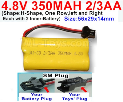 4.8V Battery Pack-350mah 4.8 Volt 350mah Battery NiCd(2/3AA Shorter)-With SM Plug-(Shape-H-Shape-,One Row,left and Right Each with 2 Inner-Battery)-Size-56x29x14mm,4.8V Rechargeable Battery Pack