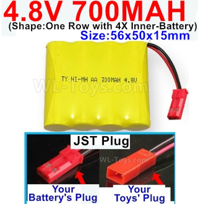 4.8V NiMH Battery Pack-700mah 4.8 Volt NiMH Battery 700MAH,With JST Plug-(Shape-One Row with 4X Inner battery)-Size-56x50x15mm,4.8 Volt NiMH Battery