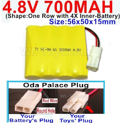 4.8V NiMH Battery Pack-700mah 4.8 Volt NiMH Battery 700MAH,With Oda Palace Plug(Round hole-Red Wire)-(Shape-One Row with 4X Inner battery)-Size-56x50x15mm,4.8 Volt NiMH Battery