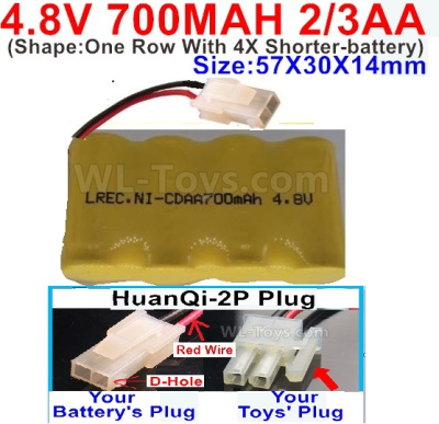 4.8V Battery Pack-700mah 4.8 Volt Battery 700mah NiCd 2/3AA Shorter-With HuanQi-2P plug(1X Square hole+ 1X D-Shape- Hole.The D-Shape- Hole is Red Wire)-(Shape-One Row With 4X Shorter-battery)-Size-50X29X29mm,4.8V Rechargeable Battery Pack