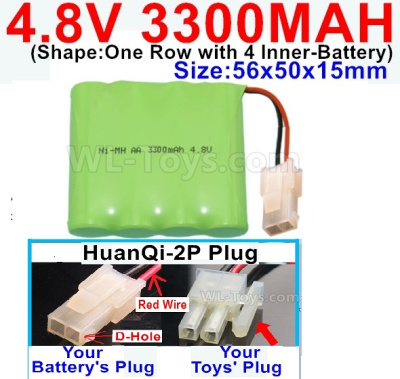 4.8V NiMH Battery Pack-3300mah 4.8 Volt NiMH Battery 3300MAH,With HuanQi-2P plug(1X Square hole+ 1X D-Hole.The D-Hole is Red Wire)-(Shape-One Row with 4 Inner-Battery),4.8V NiMH Battery Pack-3300mah 4.8 Volt NiMH Battery NI-MH Battery 3300MAH,4.8 Volt NiM