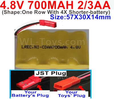4.8V Battery Pack-700mah 4.8 Volt Battery 700mah NiCd 2/3AA Shorter-With JST Plug-(Shape-One Row With 4X Shorter-battery)-Size-50X29X29mm,4.8V Rechargeable Battery Pack