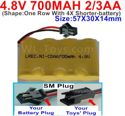 4.8V Battery Pack-700mah 4.8 Volt Battery 700mah NiCd 2/3AA Shorter-With SM Plug-(Shape-One Row With 4X Shorter-battery)-Size-50X29X29mm,4.8V Rechargeable Battery Pack