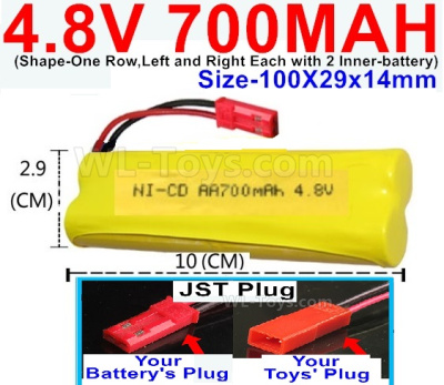 4.8V Battery Pack-700mah 4.8 Volt Battery 700mah NiCd,With JST Plug-(Shape-One Row,Left and Right Each with 2 Inner-battery)-Size-100X29x14mm,4.8V Rechargeable Battery Pack