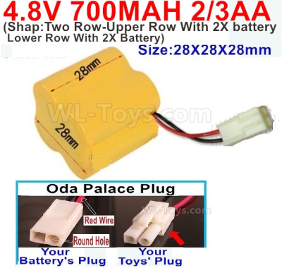 4.8V Battery Pack-700mah 4.8 Volt Battery 700mah NiCd 2/3AA Shorter-With Oda Palace Plug(Round hole-Red Wire)-(Shape-Two Row-Upper Row With 2X battery,Lower Row With 2X Battery)-Size-28X28X28mm,4.8V Rechargeable Battery Pack
