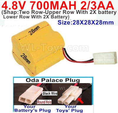 4.8V Battery Pack-700mah 4.8 Volt Battery 700mah NiCd 2/3AA Shorter-With Oda Palace Plug(Round hole-Black Wire)-(Shape-Two Row-Upper Row With 2X battery,Lower Row With 2X Battery)-Size-28X28X28mm,4.8V Rechargeable Battery Pack