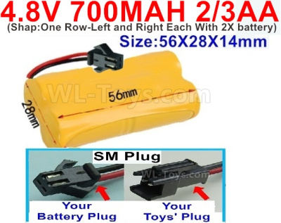 4.8V Battery Pack-700mah 4.8 Volt Battery 700mah NiCd 2/3AA Shorter-With SM Plug-Shape-One Row-Left and Right Each With 2X battery)-Size-56X28X14mm,4.8V Rechargeable Battery Pack