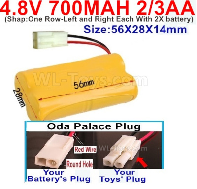4.8V Battery Pack-1100mah 4.8 Volt Battery 1100mah NiCd 2/3AA Shorter-With Oda Palace Plug(Round hole-Red Wire)-Shape-One Row-Left and Right Each With 2X battery)-Size-56X28X14mm,4.8V Rechargeable Battery Pack