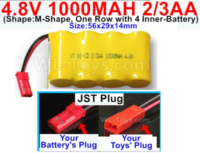 4.8V Battery Pack-1100mah 4.8 Volt Battery 1000mah NiCd Battery(2/3AA)-With JST Plug-(Shape-M-Shape-,One Row with 4 Inner-Battery)-Size-56x29x14mm,4.8V Battery Pack-1100mah 4.8 Volt Battery NiCd Battery 1000mah 2/3AA,4.8V Rechargeable Battery Pack