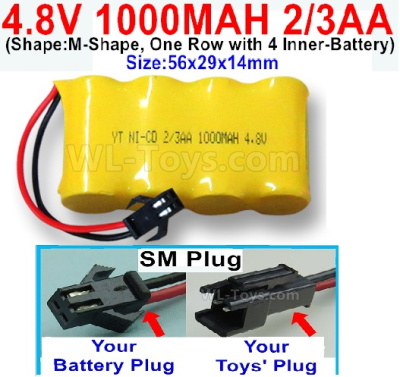 4.8V Battery Pack-1100mah 4.8 Volt Battery 1000mah NiCd Battery(2/3AA)-With SM Plug-(Shape-M-Shape-,One Row with 4 Inner-Battery)-Size-56x29x14mm,4.8V Battery Pack-1100mah 4.8 Volt Battery NiCd Battery 1000mah 2/3AA,4.8V Rechargeable Battery Pack