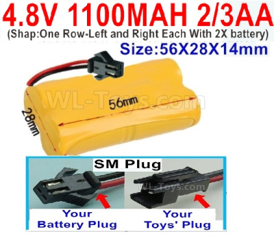 4.8V Battery Pack-1100mah 4.8 Volt Battery 1100mah NiCd 2/3AA Shorter-With SM Plug-ShapOne Row-Left and Right Each With 2X battery)-Size-56X28X14mm,4.8V Rechargeable Battery Pack