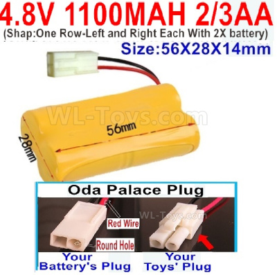 4.8V Battery Pack-1100mah 4.8 Volt Battery 1100mah NiCd 2/3AA Shorter-With Oda Palace Plug(Round hole-Red Wire)-ShapOne Row-Left and Right Each With 2X battery)-Size-56X28X14mm,4.8V Rechargeable Battery Pack