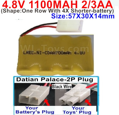 4.8V Battery Pack-1100mah 4.8 Volt Battery 1100mah NiCd 2/3AA Shorter-With Datian Palace-2P Plug(The D-Shape- hole is Black wire)-(Shape-One Row With 4X Shorter-battery)-Size-50X29X29mm,4.8V Rechargeable Battery Pack