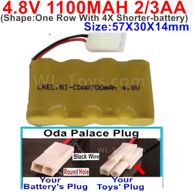 4.8V Battery Pack-1100mah 4.8 Volt Battery 1100mah NiCd 2/3AA Shorter-With Oda Palace Plug(Round hole-Black Wire)-(The D-Shape- hole is Black wire)-(Shape-One Row With 4X Shorter-battery)-Size-50X29X29mm,4.8V Rechargeable Battery Pack