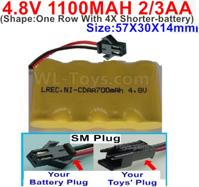 4.8V Battery Pack-1100mah 4.8 Volt Battery 1100mah NiCd 2/3AA Shorter-With SM Plug-(Shape-One Row With 4X Shorter-battery)-Size-50X29X29mm,4.8V Rechargeable Battery Pack