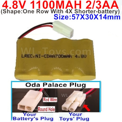 4.8V Battery Pack-1100mah 4.8 Volt Battery 1100mah NiCd 2/3AA Shorter-With Oda Palace Plug(Round hole-Red Wire)-(The D-Shape- hole is Black wire)-(Shape-One Row With 4X Shorter-battery)-Size-50X29X29mm,4.8V Rechargeable Battery Pack