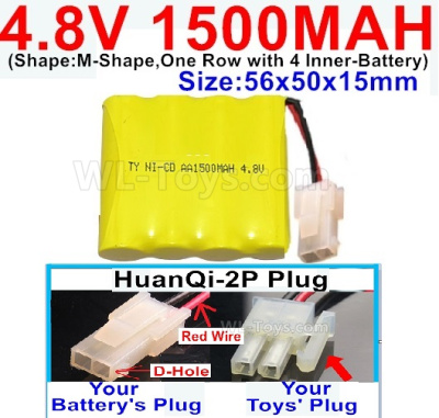 4.8V Battery Pack-1500mah 4.8 Volt Battery 1500mah NiCd,With HuanQi-2P plug(1X Square hole+ 1X D-Shape- Hole.The D-Shape- Hole is Red Wire)-(Shape-M-Shape-,One Row with 4 Inner-Battery)-Size-56x50x15mm,4.8V Battery Pack-1500mah 4.8 Volt Battery NiCd Batte